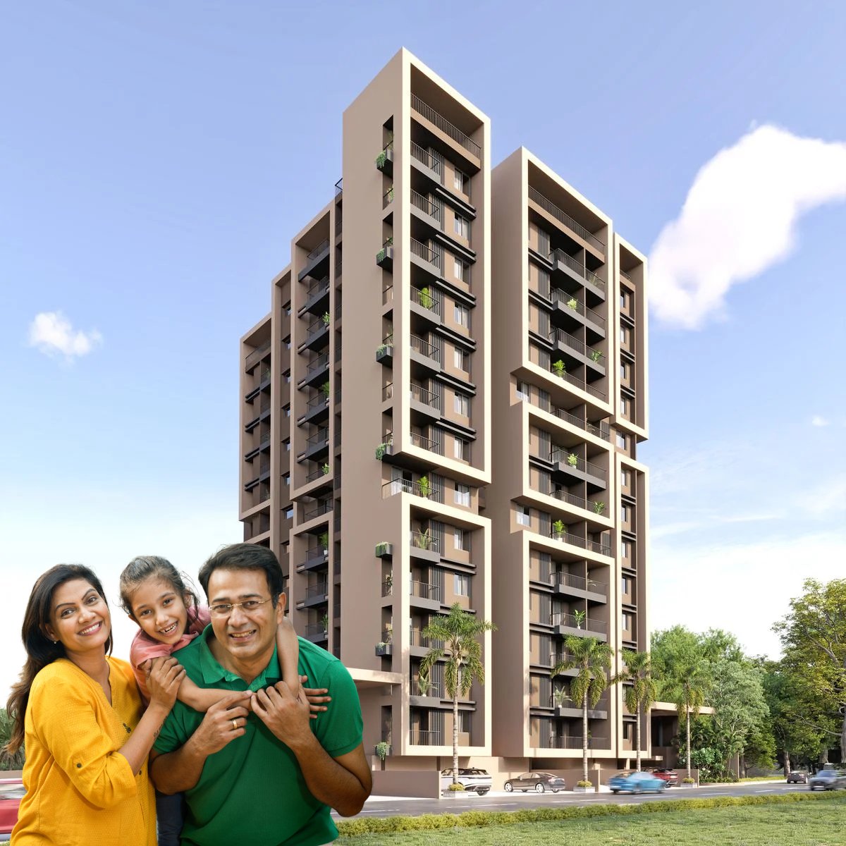 Family beside The Balsam residential tower